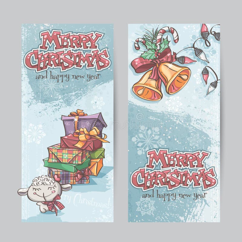 Uppsättning av vertikala baner med bilden av julgåvor, girlander av ljus och julklockor stock illustrationer