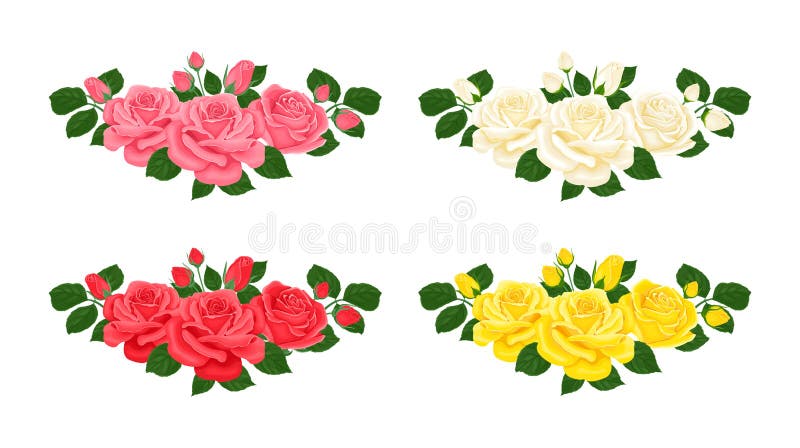 Uppsättning buketter av rosor i olika färger. horisontell blomsterodling för vektorteckning. stock illustrationer