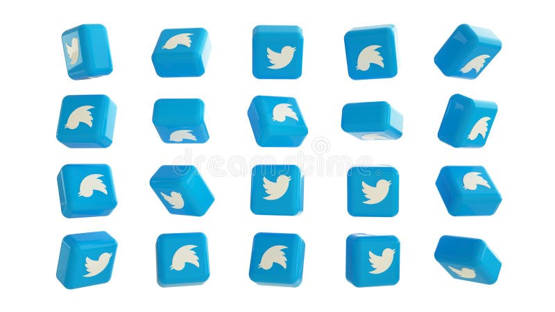 Set of 3D rendered twitter logos in different angles isolated on white background. Set of 3D rendered twitter logos in different angles isolated on white background