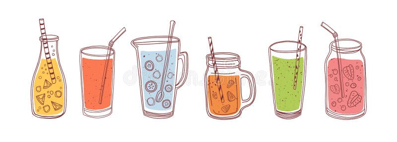 Uppsättning detox-drycker frukt smoothies Organiska citonader i glasflaskor, burkar och juggar med halm. uppfriskande sommar royaltyfri illustrationer