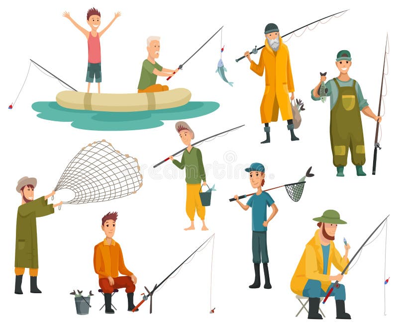 Uppsättning fiskare som fiskar med fiskstång. Fiskeutrustning fritid och hobbiefångst. fiskare med fisk eller