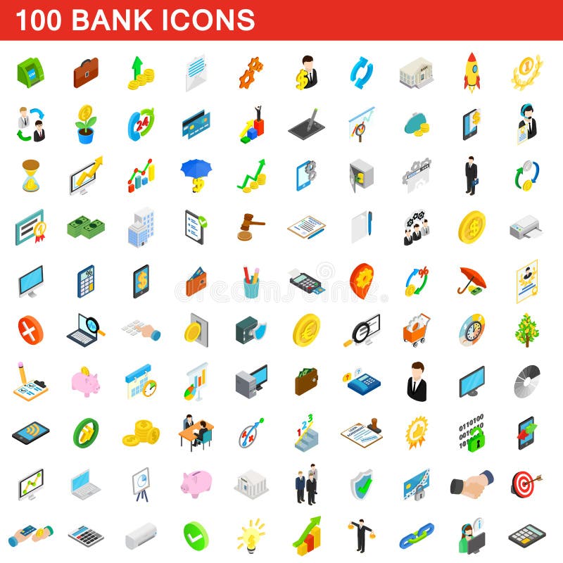 uppsättning för 100 banksymboler, isometrisk stil 3d stock illustrationer uppsättning för 100 banksymboler, isometrisk stil 3d stock illustrationer