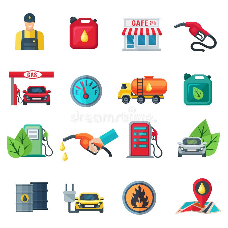 Gas station flat color icons set of canister tanker gun cafe employee column with pump vector illustration. Gas station flat color icons set of canister tanker gun cafe employee column with pump vector illustration