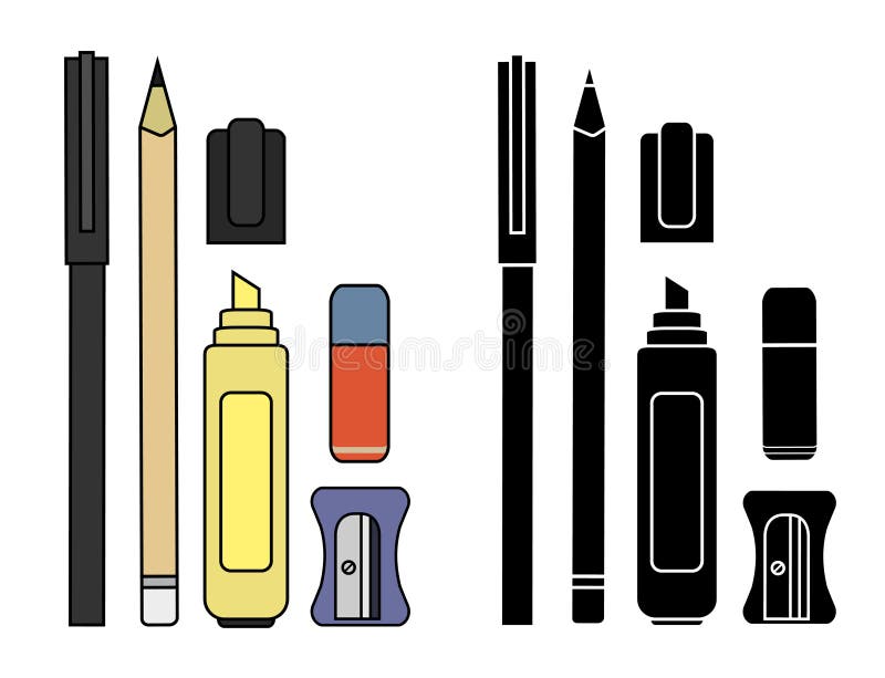 Uppsättning för brevpapperhandstilhjälpmedel färg silhouette vektor illustrationer Uppsättning för brevpapperhandstilhjälpmedel färg silhouette vektor illustrationer