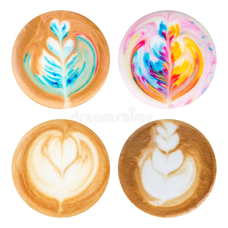 Uppsättning för bästa sikt av varmt lattekonstkaffe med cappuccinoskumisolat royaltyfria foton Uppsättning för bästa sikt av varmt lattekonstkaffe med cappuccinoskumisolat royaltyfria foton