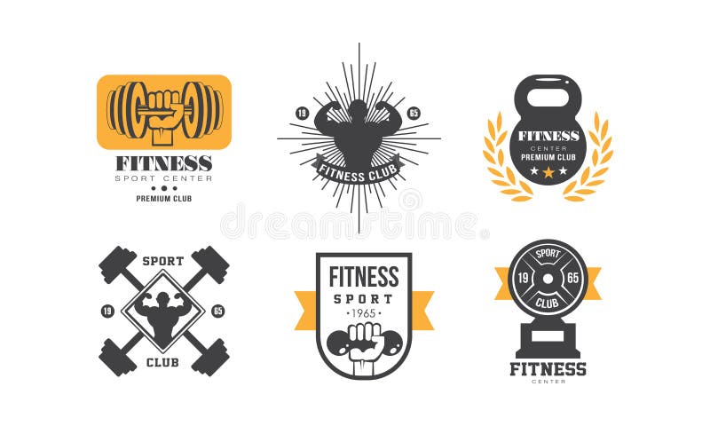 Uppsättning för design för logo för konditionklubba, retro emblem för högvärdig sportmitt eller idrottshallvektorillustration på royaltyfri illustrationer Uppsättning för design för logo för konditionklubba, retro emblem för högvärdig sportmitt eller idrottshallvektorillustration på royaltyfri illustrationer