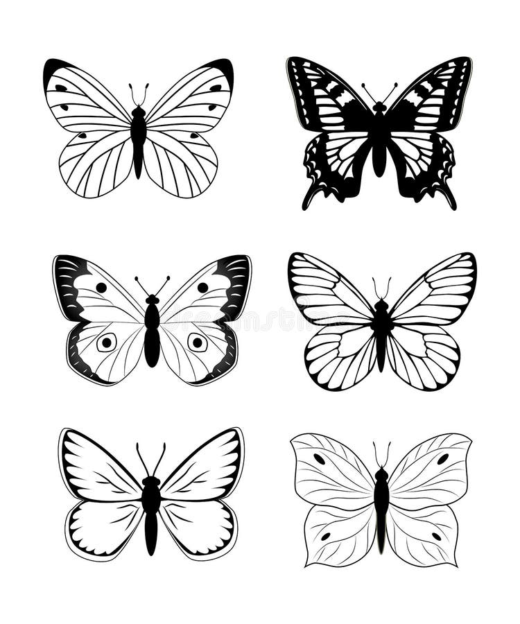 Uppsättning för fjärilskontursymbol Enkel uppsättning av fjärilsvektorn stock illustrationer Uppsättning för fjärilskontursymbol Enkel uppsättning av fjärilsvektorn stock illustrationer