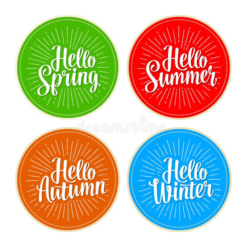 Uppsättning för fyra säsongklistermärkear Hello övervintrar, fjädrar, sommar, höstbokstäver vektor illustrationer