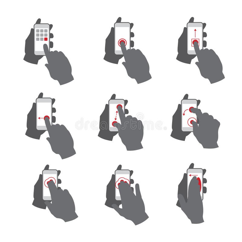 Uppsättning för gester för hand för vektorsmartphonepekskärm stock illustrationer