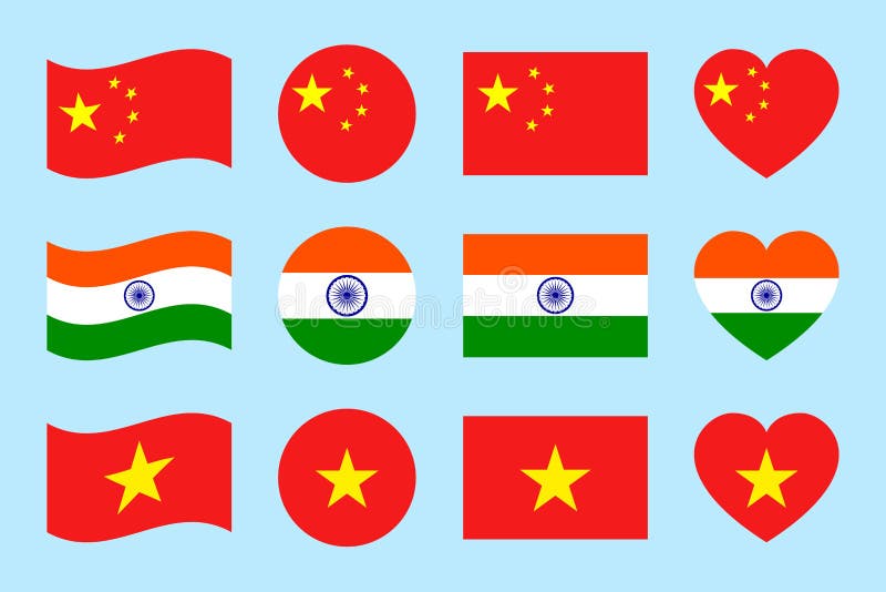 Uppsättning för Kina Indien, Vietnam flaggavektor Lägenhet isolerade symboler Kinesisk, indisk vietnamesisk samling för nationell stock illustrationer Uppsättning för Kina Indien, Vietnam flaggavektor Lägenhet isolerade symboler Kinesisk, indisk vietnamesisk samling för nationell stock illustrationer