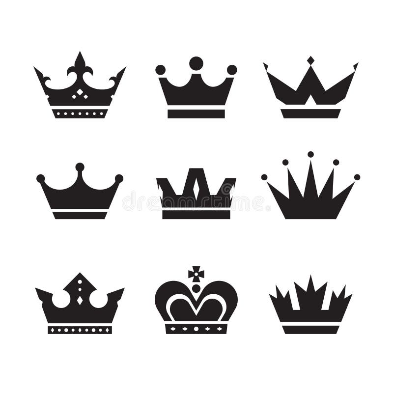 Uppsättning för kronavektorsymboler Kronateckensamling Kronor svärtar konturer bakgrundsdesignelement fyra vita snowflakes royaltyfri illustrationer