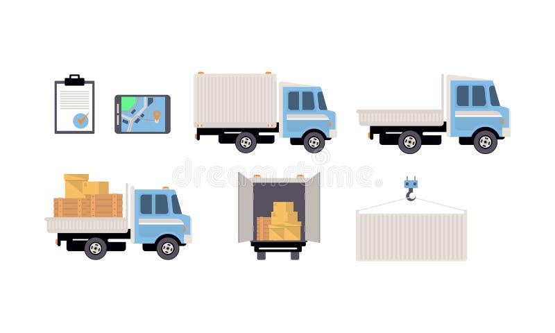 Uppsättning för lasttransport, frakttrans., logistikvektorillustration på en vit bakgrund stock illustrationer Uppsättning för lasttransport, frakttrans., logistikvektorillustration på en vit bakgrund stock illustrationer