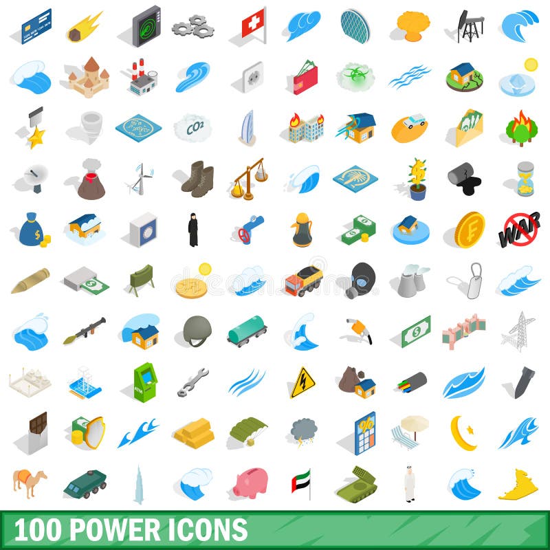 Uppsättning för 100 maktsymboler, isometrisk stil 3d royaltyfri illustrationer