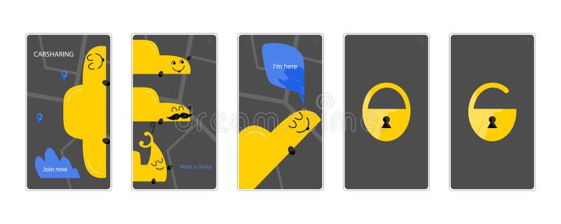 Uppsättning för manöverenheter för app för Carsharinghand utdragen mobil vektor illustrationer Uppsättning för manöverenheter för app för Carsharinghand utdragen mobil vektor illustrationer
