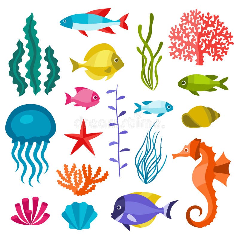 Uppsättning för marin- liv av symboler, objekt och havsdjur vektor illustrationer Uppsättning för marin- liv av symboler, objekt och havsdjur vektor illustrationer