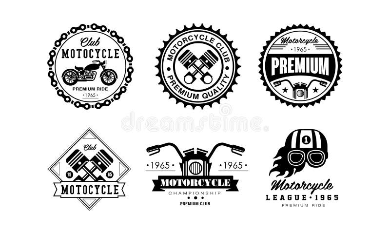 Uppsättning för motorcykelklubbalogo, retro emblem för cyklistklubban, automatiskdellager, illustration för vektor för reparation vektor illustrationer Uppsättning för motorcykelklubbalogo, retro emblem för cyklistklubban, automatiskdellager, illustration för vektor för reparation vektor illustrationer