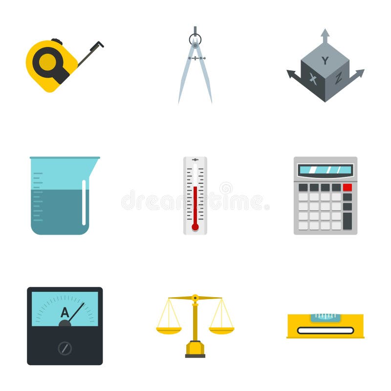 Uppsättning för måttinstrumentutrustningsymbol, lägenhetstil stock illustrationer Uppsättning för måttinstrumentutrustningsymbol, lägenhetstil stock illustrationer