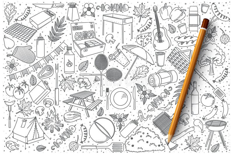 Uppsättning för picknickklottervektor vektor illustrationer Uppsättning för picknickklottervektor vektor illustrationer