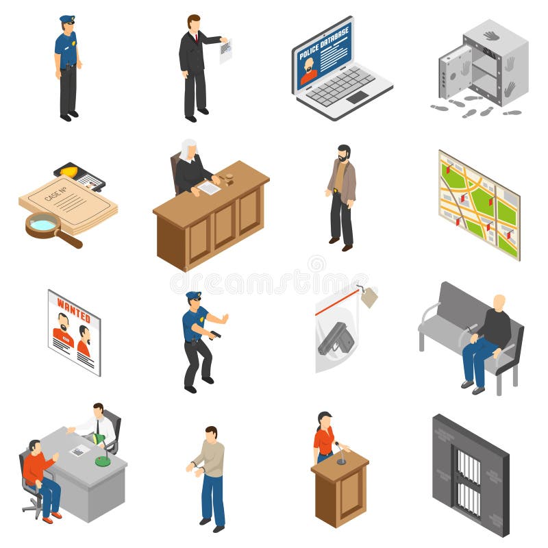 Uppsättning för rättvisaAnd Law Isometric symboler royaltyfri illustrationer Uppsättning för rättvisaAnd Law Isometric symboler royaltyfri illustrationer