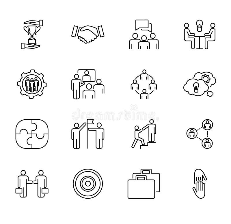 Uppsättning för samling för illustration för lagsamarbetsvektor Skisserade symboler med folksamarbete och att arbeta tillsammans