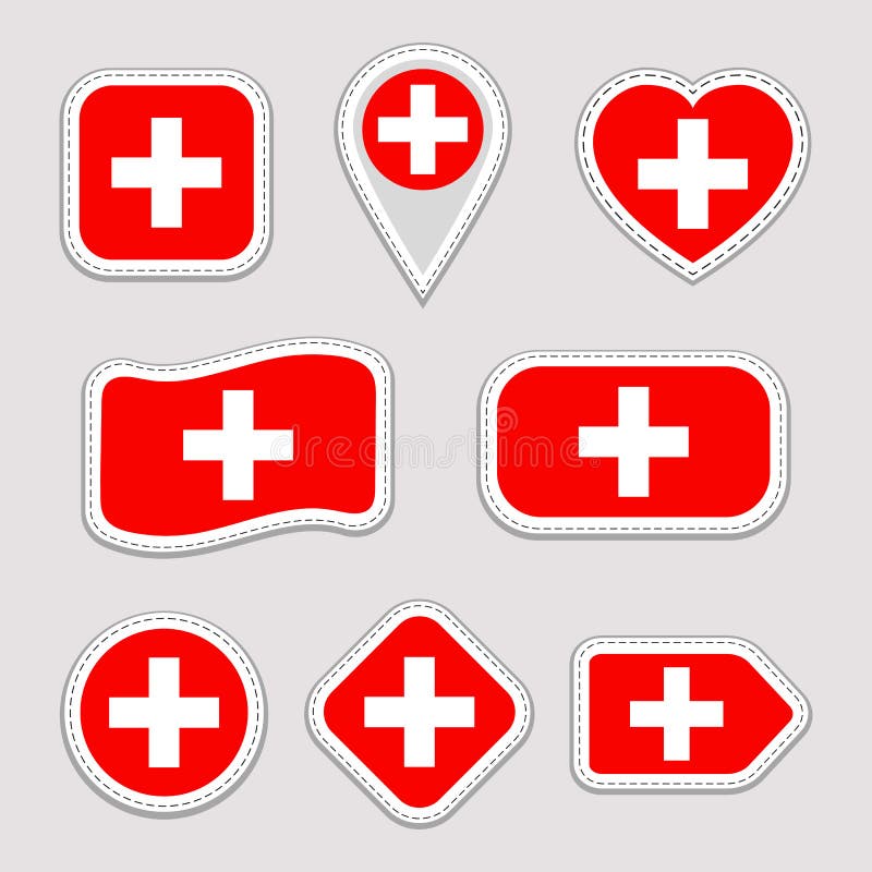 Uppsättning för Schweiz flaggavektor Schweizisk nationsflaggaklistermärkesamling Vektor isolerade geometriska symboler Rengörings royaltyfri illustrationer Uppsättning för Schweiz flaggavektor Schweizisk nationsflaggaklistermärkesamling Vektor isolerade geometriska symboler Rengörings royaltyfri illustrationer