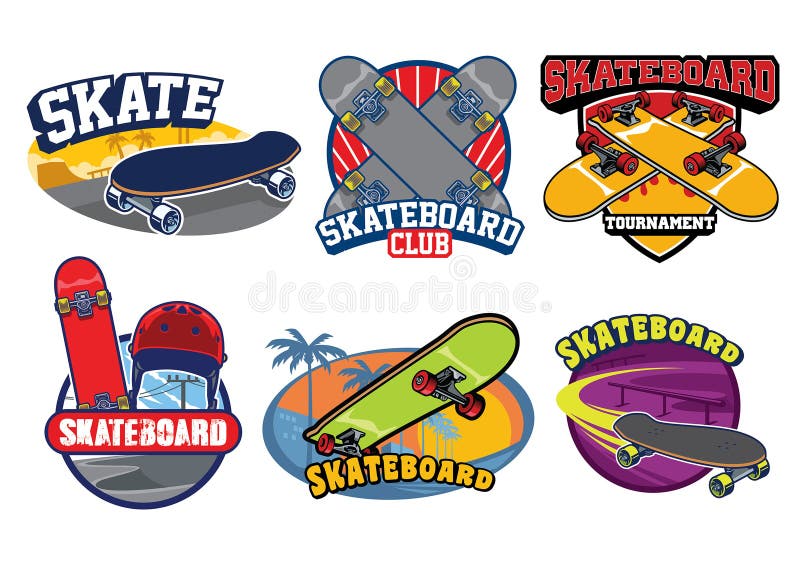 Uppsättning för skateboardemblemdesign vektor illustrationer