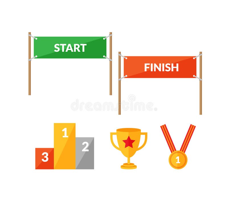 Set of flat style icons about sport competition with Start and Finish banners, pedestal, cup and winning medal. Set of flat style icons about sport competition with Start and Finish banners, pedestal, cup and winning medal.