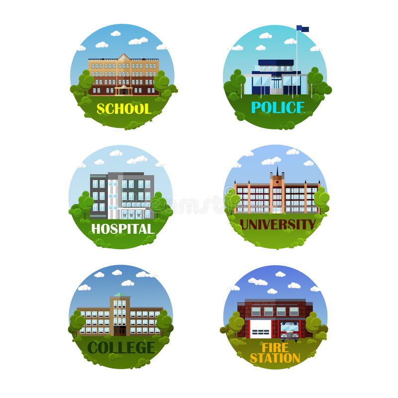 Uppsättning för symbol för stadsbyggnadsvektor i plan stil Designbeståndsdelar och emblem vektor illustrationer Uppsättning för symbol för stadsbyggnadsvektor i plan stil Designbeståndsdelar och emblem vektor illustrationer