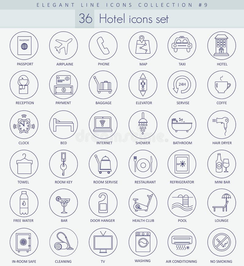 Uppsättning för symbol för vektorhotellöversikt Elegant tunn linje stildesign stock illustrationer Uppsättning för symbol för vektorhotellöversikt Elegant tunn linje stildesign stock illustrationer
