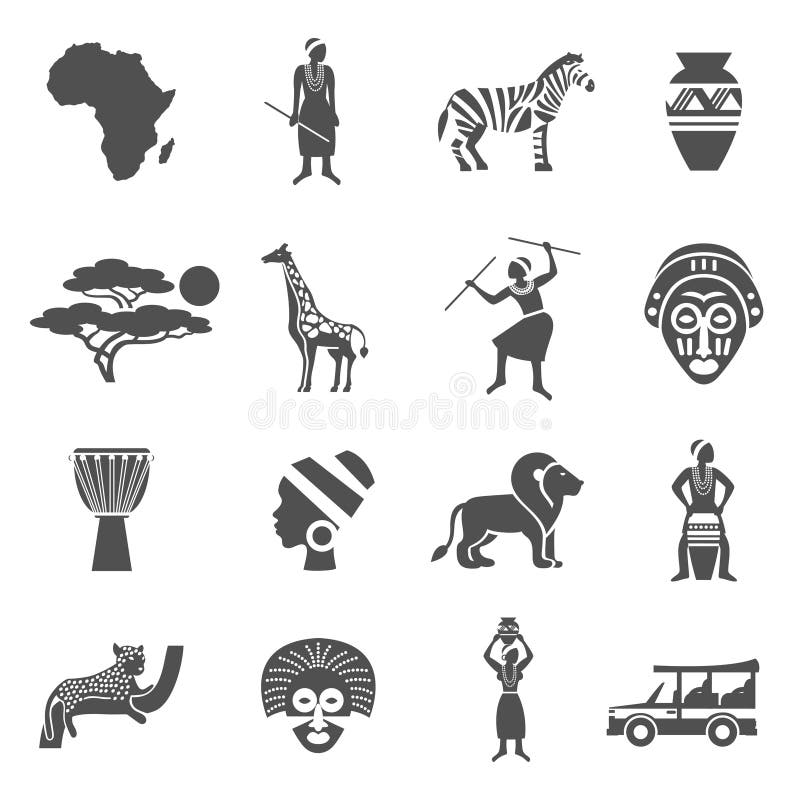 Uppsättning för symboler för Afrika svart vit vektor illustrationer