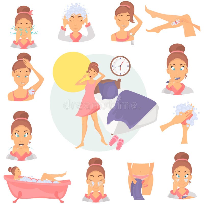 Uppsättning för symboler för lägenhet för färg för morgonflickahygien Väckande illustration för flicka för rengöringsduk och mobi royaltyfri illustrationer