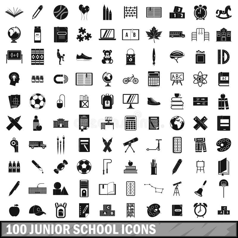 100 junior school icons set in simple style for any design vector illustration. 100 junior school icons set in simple style for any design vector illustration