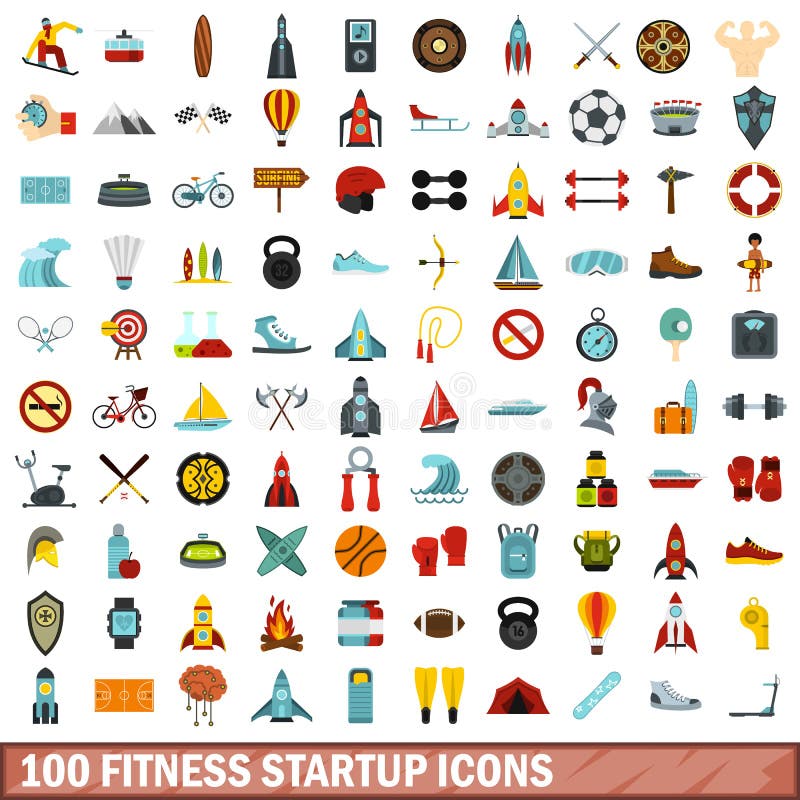 uppsättning för 100 symboler för kondition startup, lägenhetstil stock illustrationer uppsättning för 100 symboler för kondition startup, lägenhetstil stock illustrationer