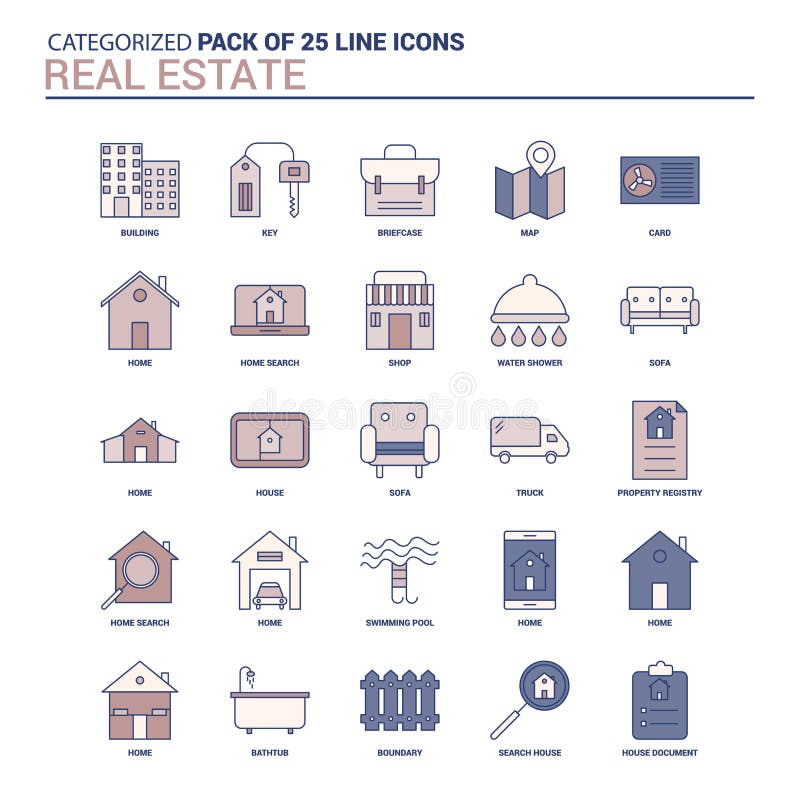 Uppsättning för tappningReal Estate symbol - 25 plan linje symbolsuppsättning stock illustrationer Uppsättning för tappningReal Estate symbol - 25 plan linje symbolsuppsättning stock illustrationer