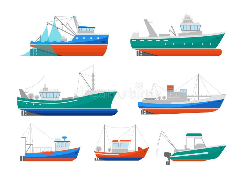 Uppsättning för tecknad filmfiskebåtsymboler vektor vektor illustrationer