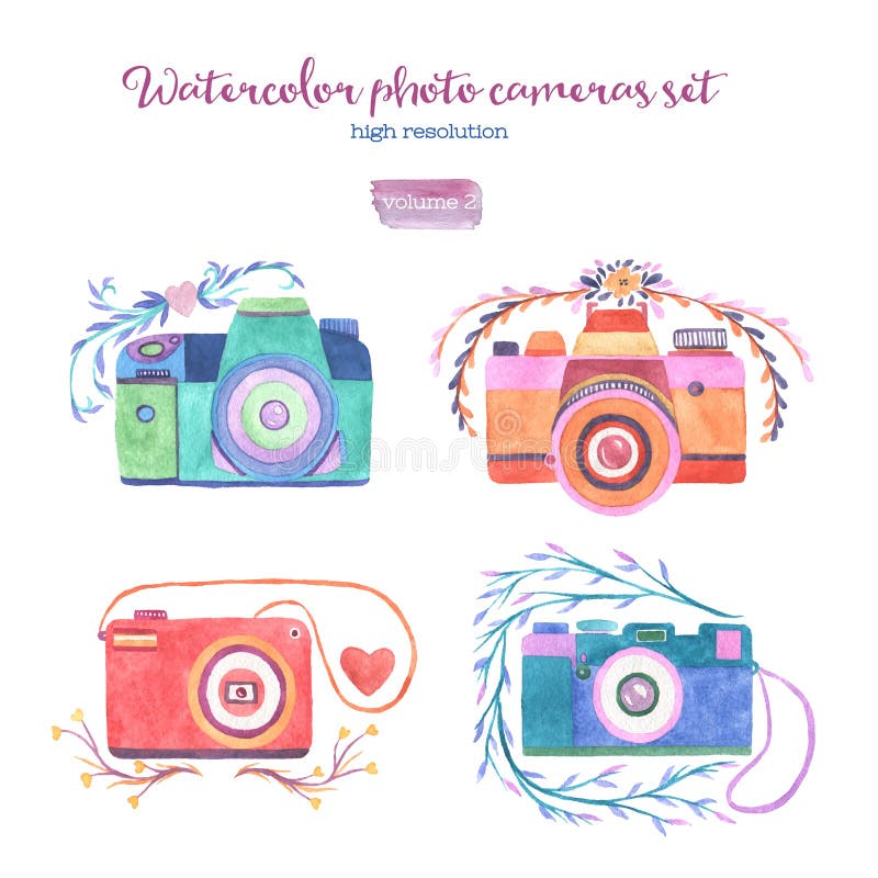 Uppsättning för vattenfärgfotokameror stock illustrationer Uppsättning för vattenfärgfotokameror stock illustrationer
