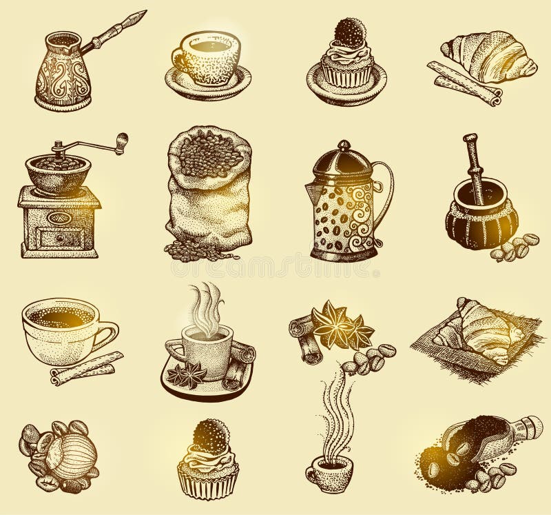 Uppsättning för vektortappningkaffe vektor illustrationer Uppsättning för vektortappningkaffe vektor illustrationer