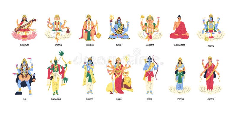 Uppsättning gamla indianska hindu-gudar och guddesser. olika hinduistiska idoler. Skulder och eget kapital i india. helig