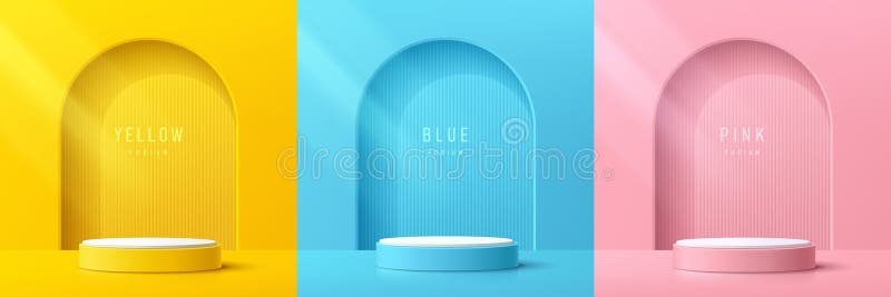 Uppsättning gul blå rosa och vit cylinder pedestal podium. lodrät textur i bågfönstrets bakgrund. abstrakt vektor vektor illustrationer