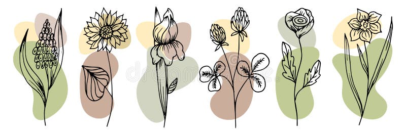 Uppsättning handritade blommor i svartpunktsformat svarta konturer med abstrakta färgblock. teckningsdekanelement stock illustrationer