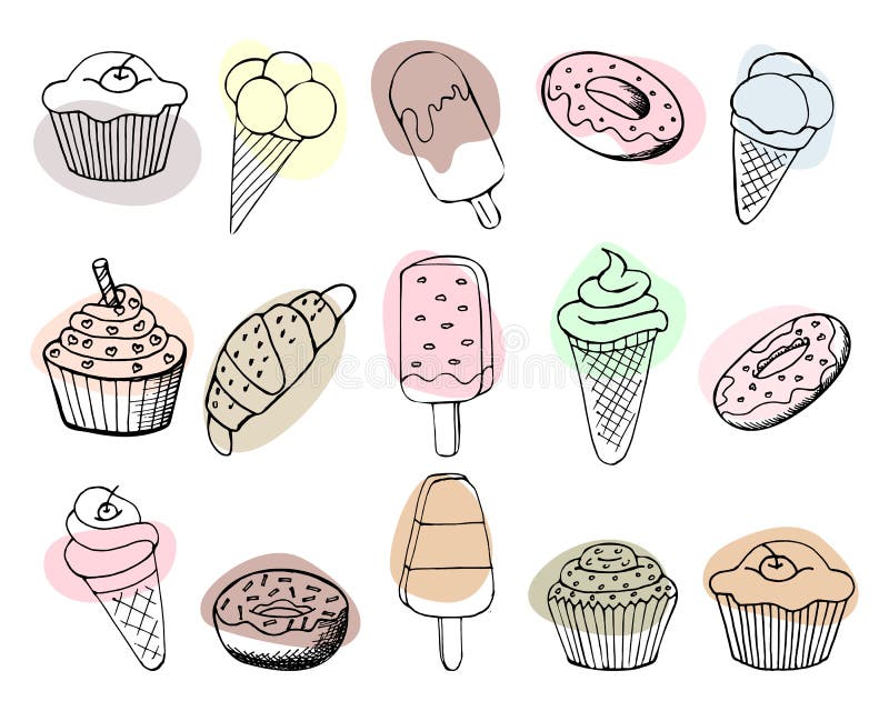 Uppsättning konturefterserverar glass- och cupcakes med abstrakta pastellfärgblock. ikonskiss royaltyfri illustrationer