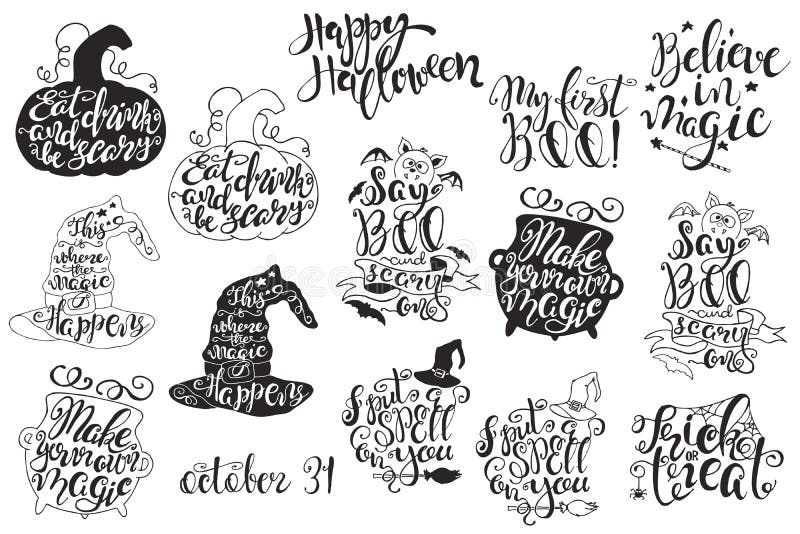 Uppsättning med allhelgonaaftonetiketter med hand drog vektorillustrationer och citationstecken stock illustrationer Uppsättning med allhelgonaaftonetiketter med hand drog vektorillustrationer och citationstecken stock illustrationer