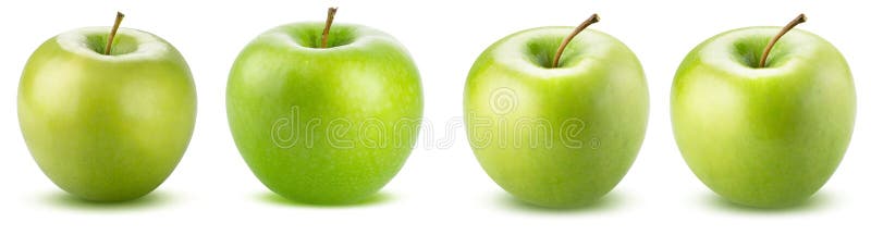 Set of 4 green apples, fresh fruits isolated on white background AI generated. Set of 4 green apples, fresh fruits isolated on white background AI generated