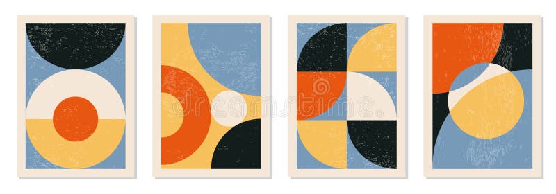 Uppsättning med minsta vektormall för 20s geometriska projektionsaffischer med primitiva formelement stock illustrationer