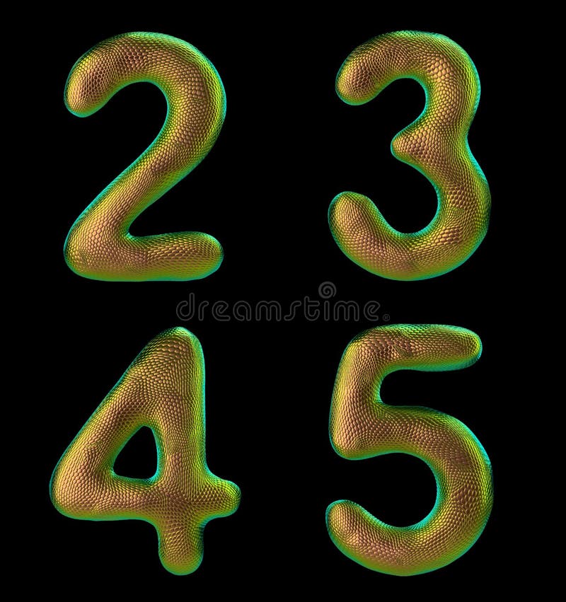 Uppsättning nummer 2 3 4 5 gjorda av realistisk 3d-återge guldfärg. samlingstecken för naturligt ormskalstexturformat stock illustrationer