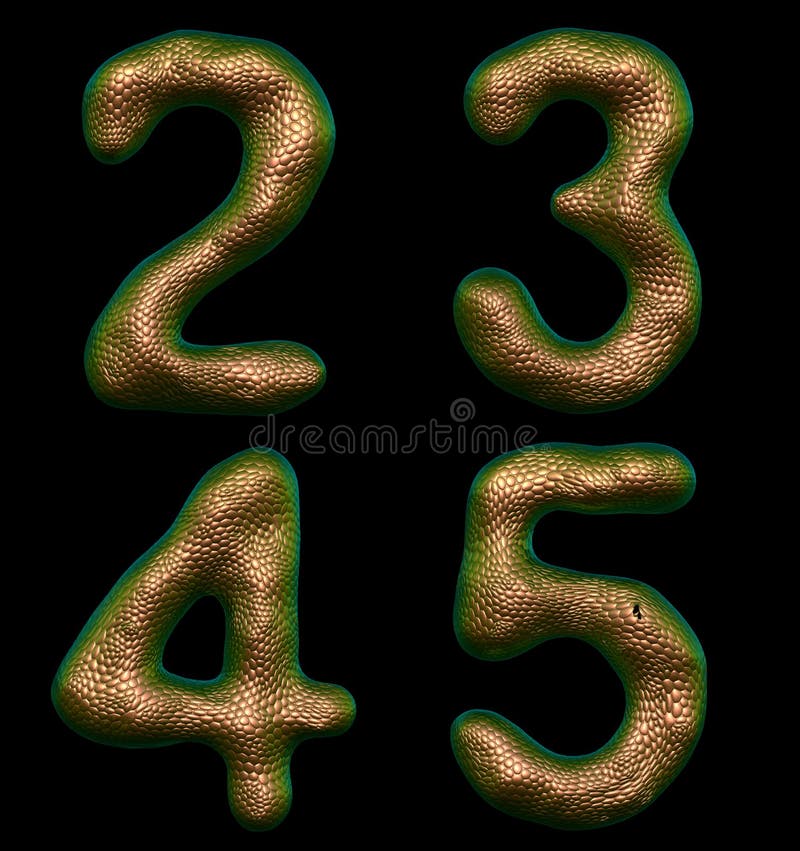 Uppsättning nummer 2 3 4 5 gjorda av realistisk 3d-återge guldfärg. samlingstecken för naturligt ormskalstexturformat vektor illustrationer