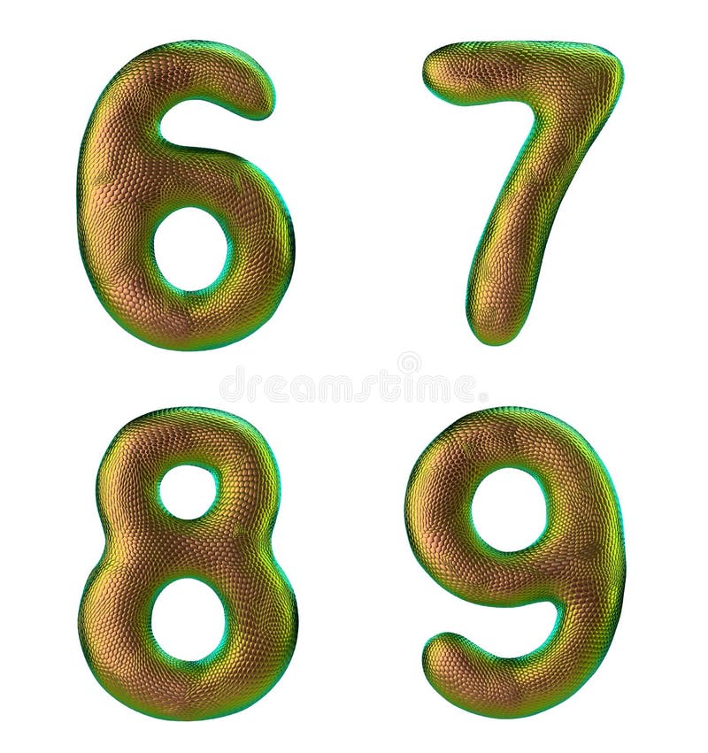 Uppsättning nummer 6 7 8 9 tillverkade av realistisk 3d-återge guldfärg. samlingstecken för naturligt ormskalstexturformat stock illustrationer