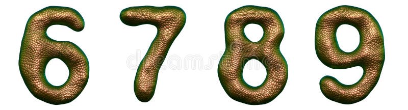 Uppsättning nummer 6 7 8 9 tillverkade av realistisk 3d-återge guldfärg. samlingstecken för naturligt ormskalstexturformat vektor illustrationer