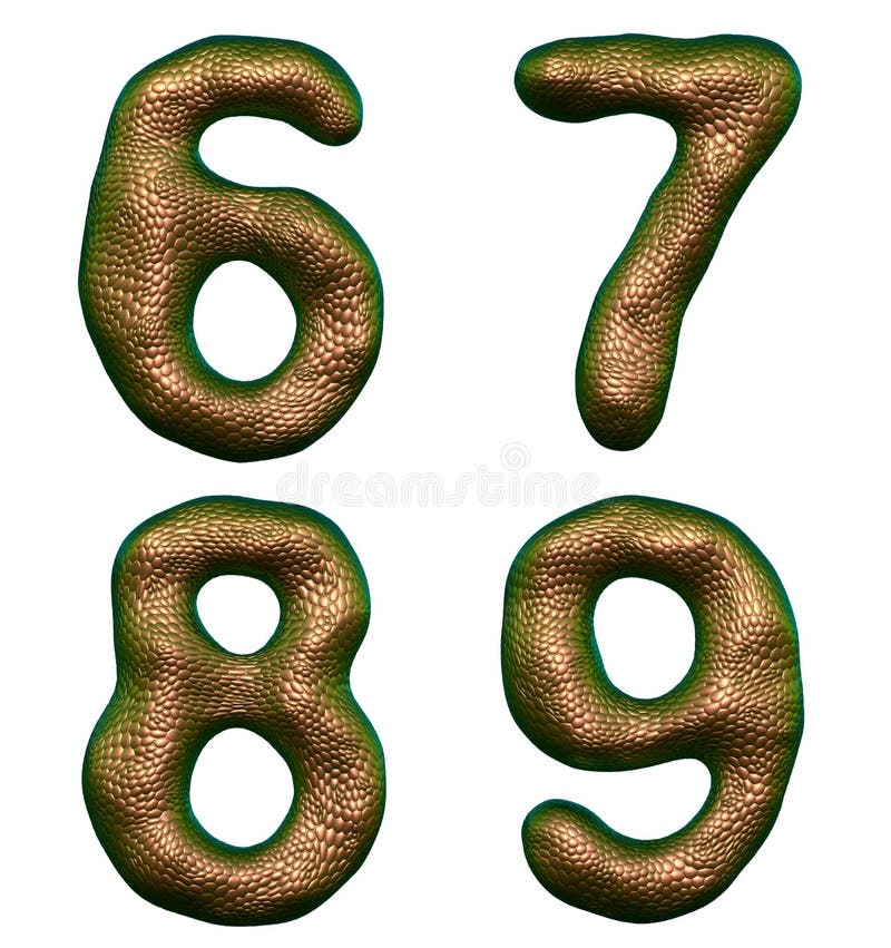 Uppsättning nummer 6 7 8 9 tillverkade av realistisk 3d-återge guldfärg. samlingstecken för naturligt ormskalstexturformat royaltyfri illustrationer