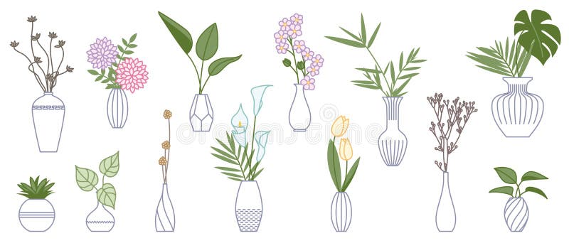 Uppsättning vaser med bukett av blommor och tropiska blad royaltyfri illustrationer
